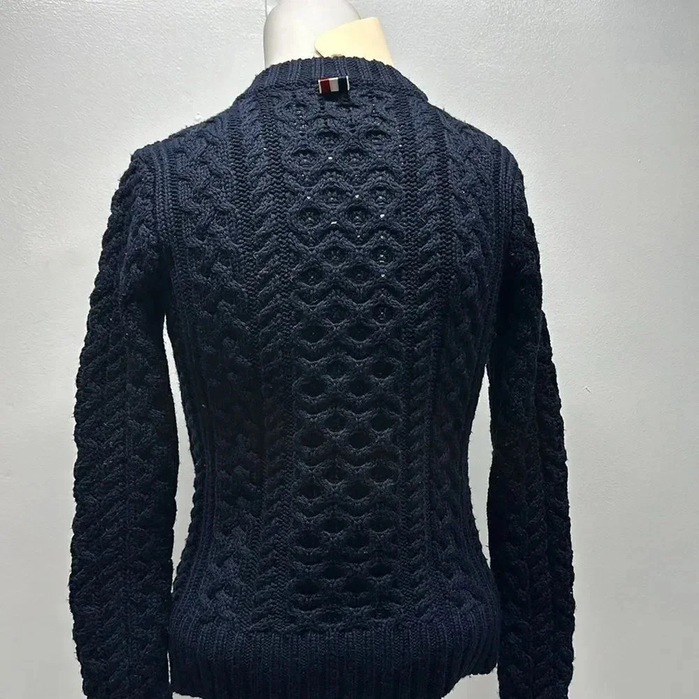 Thom Browne Cable Knit Crewneck Pullover Sweater Navy Blue Wool Size 40 / 1 New - Picture 7 of 13